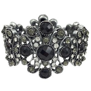 Vintage Look Filigree Wide Black Clear Rhinestone Chunky Hinged Bangle Bracelet